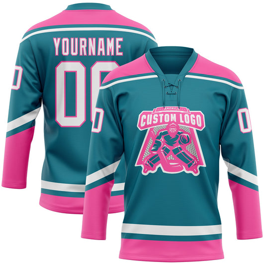 Custom Teal White-Pink Hockey Lace Neck Jersey - Sky-Custom