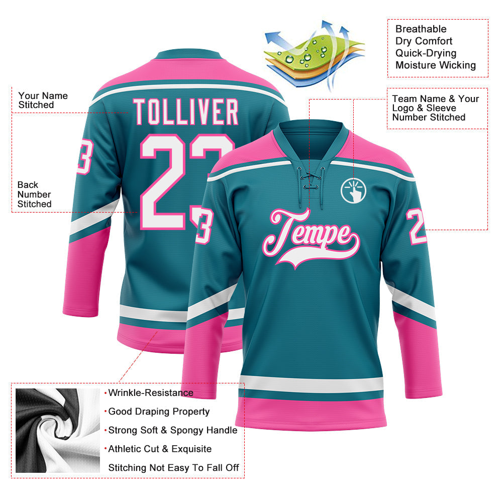Custom Teal White-Pink Hockey Lace Neck Jersey - Sky-Custom