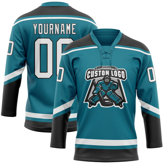Custom Teal White-Black Hockey Lace Neck Jersey - Sky-Custom