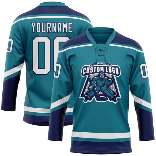 Custom Teal White-Navy Hockey Lace Neck Jersey - Sky-Custom