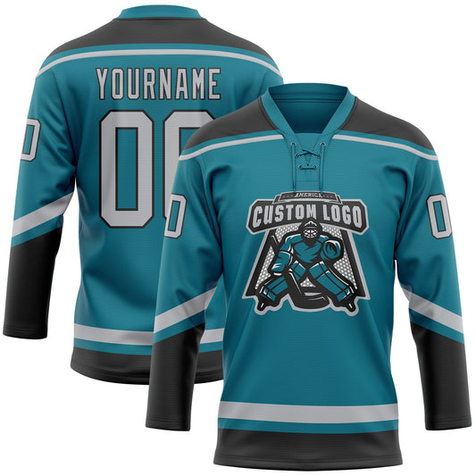 Custom Teal Gray-Black Hockey Lace Neck Jersey - Sky-Custom