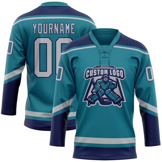 Custom Teal Gray-Navy Hockey Lace Neck Jersey - Sky-Custom