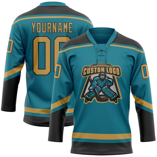 Custom Teal Old Gold-Black Hockey Lace Neck Jersey - Sky-Custom