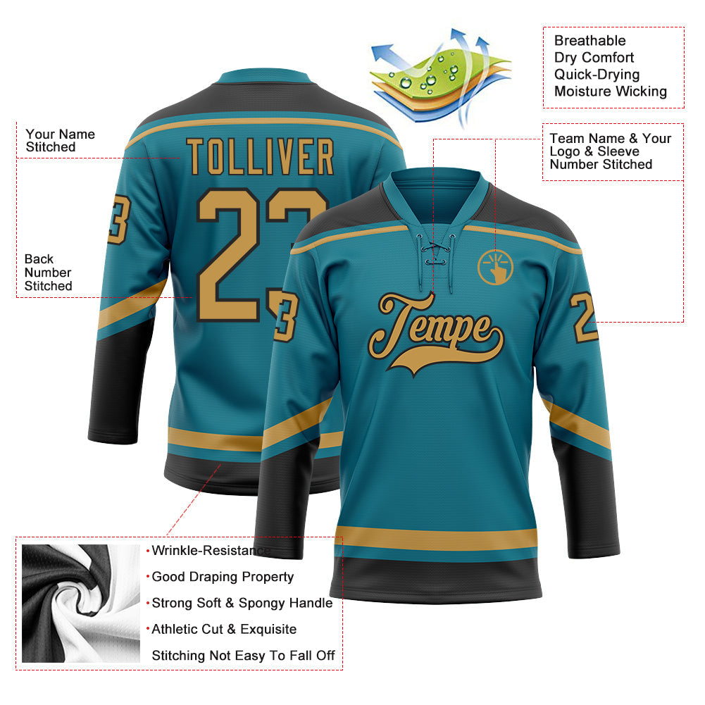 Custom Teal Old Gold-Black Hockey Lace Neck Jersey - Sky-Custom