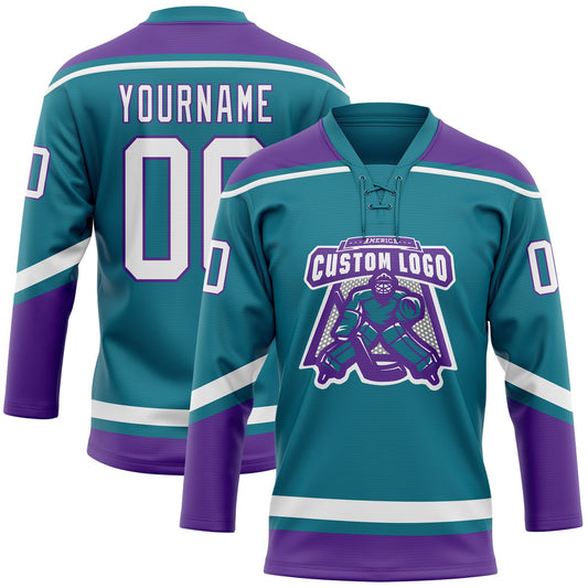 Custom Teal White-Purple Hockey Lace Neck Jersey - Sky-Custom