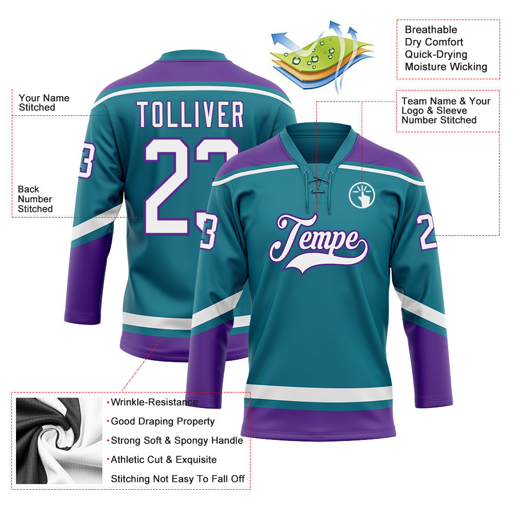 Custom Teal White-Purple Hockey Lace Neck Jersey - Sky-Custom