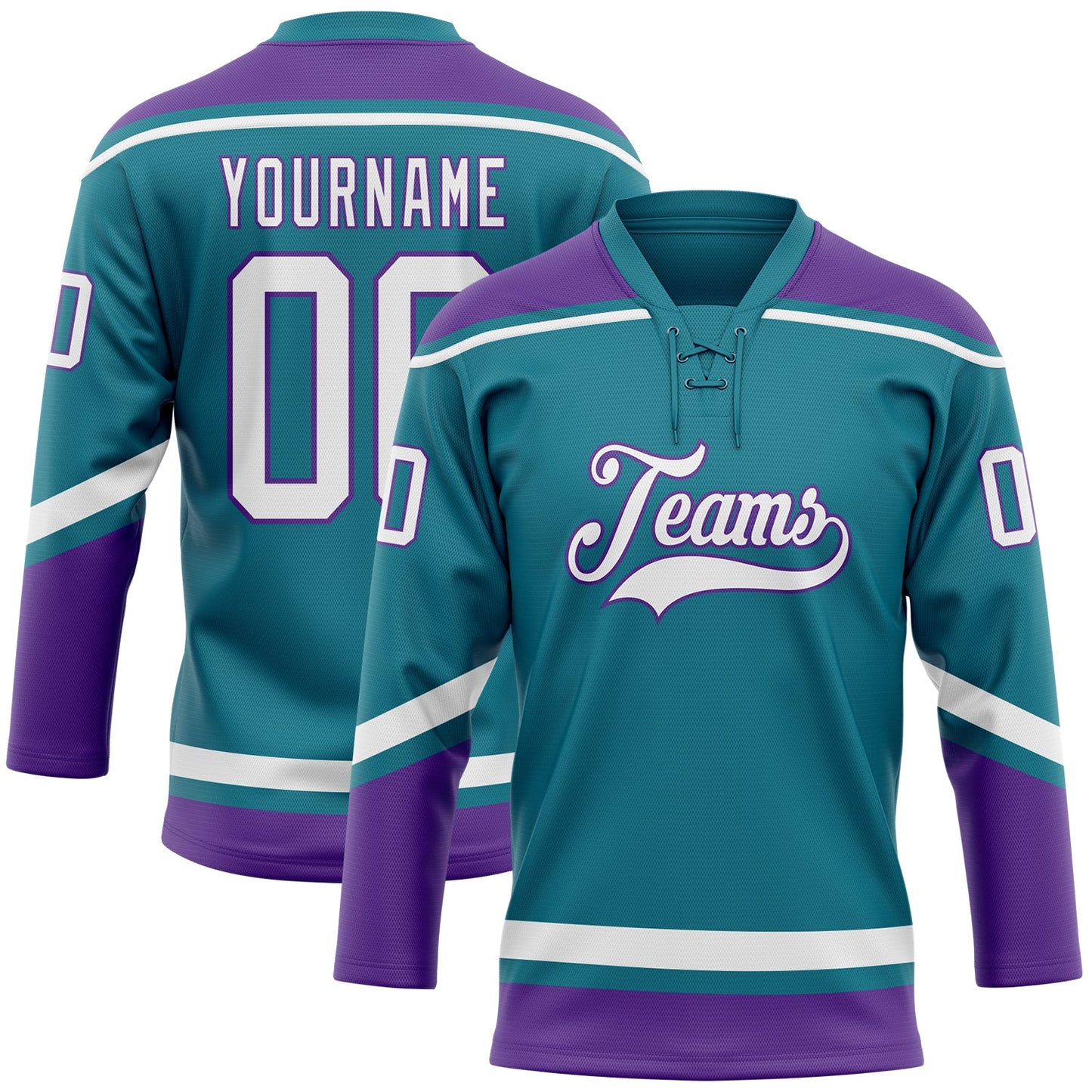 Custom Teal White-Purple Hockey Lace Neck Jersey - Sky-Custom