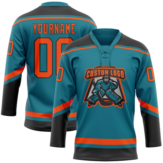 Custom Teal Orange-Black Hockey Lace Neck Jersey - Sky-Custom