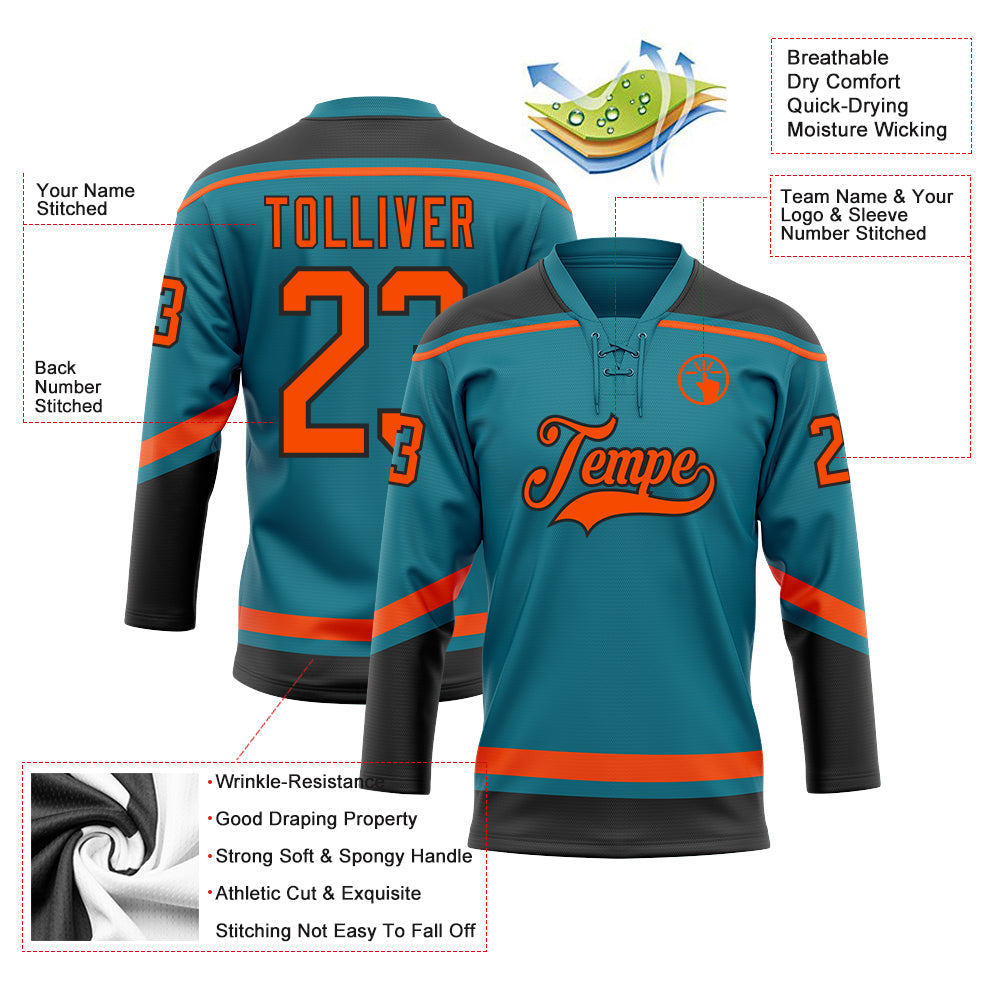 Custom Teal Orange-Black Hockey Lace Neck Jersey - Sky-Custom