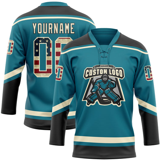 Custom Teal Vintage USA Flag Cream-Black Hockey Lace Neck Jersey - Sky-Custom