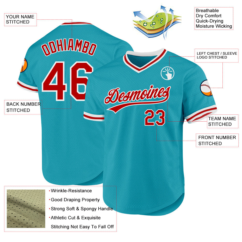 Custom Teal Red-White Authentic Throwback Baseball Jersey - Sky-Custom