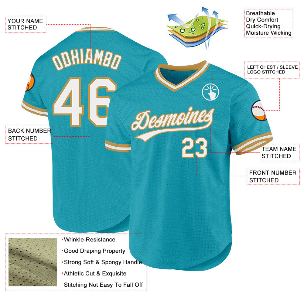 Custom Teal White-Old Gold Authentic Throwback Baseball Jersey - Sky-Custom