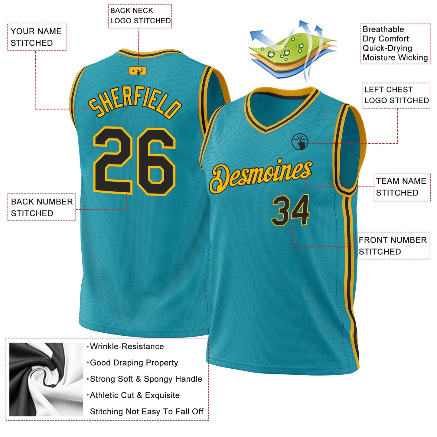 Custom Teal Black-Gold Authentic Throwback Basketball Jersey - Sky-Custom