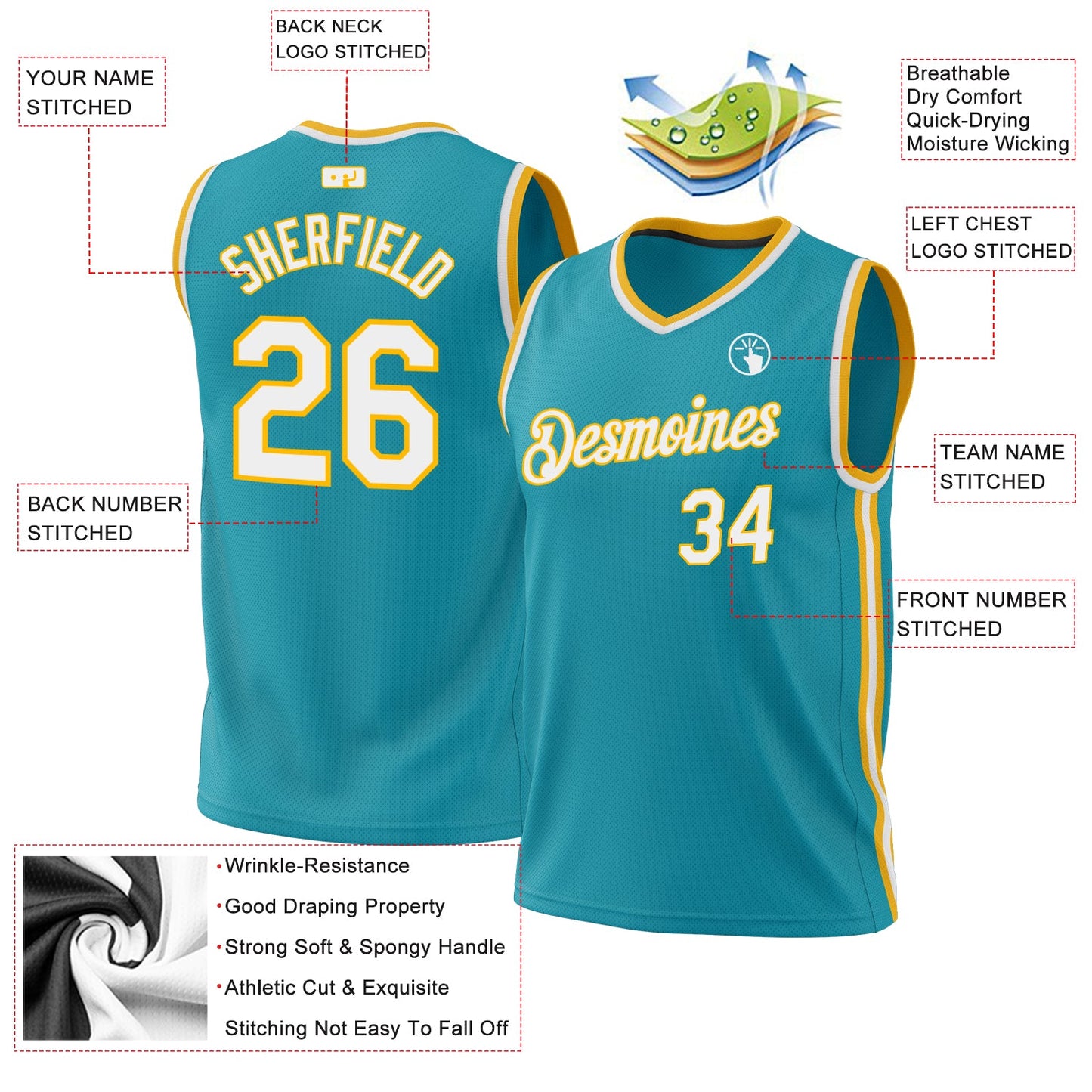 Custom Teal White-Gold Authentic Throwback Basketball Jersey - Sky-Custom