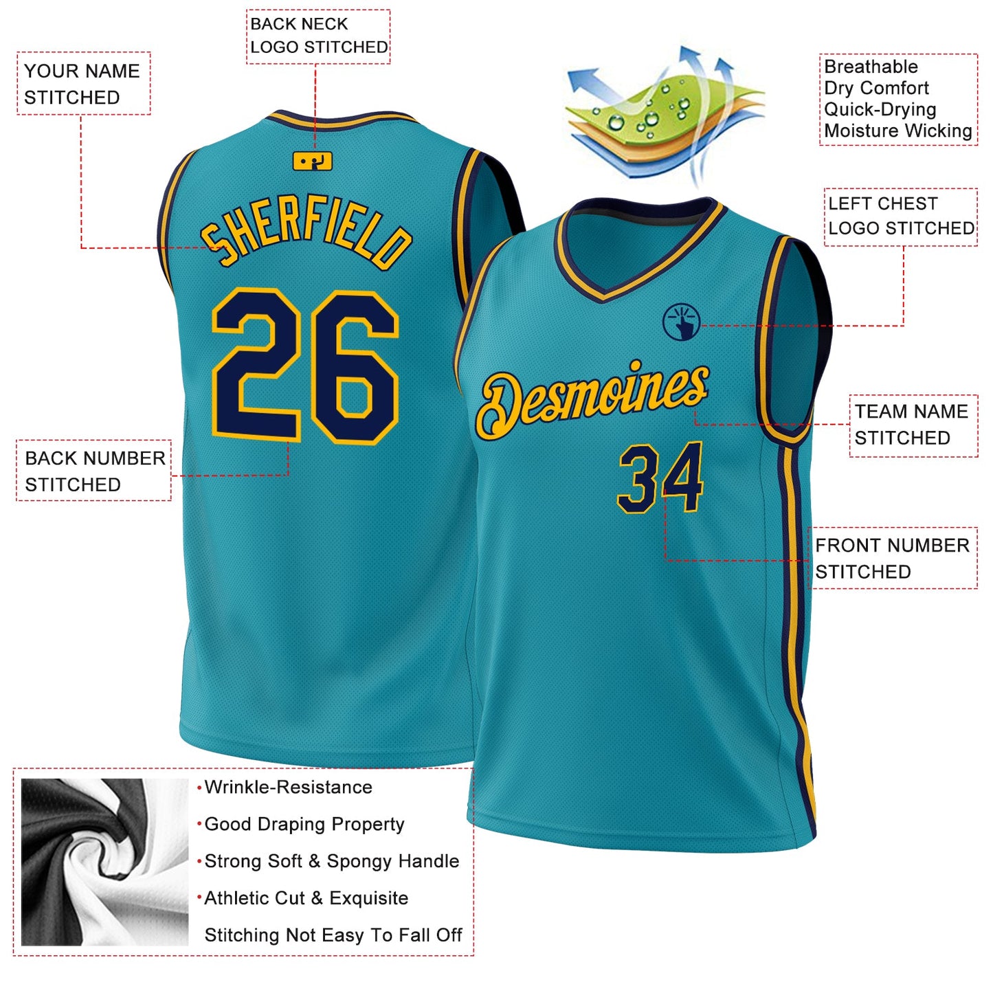 Custom Teal Navy-Gold Authentic Throwback Basketball Jersey - Sky-Custom