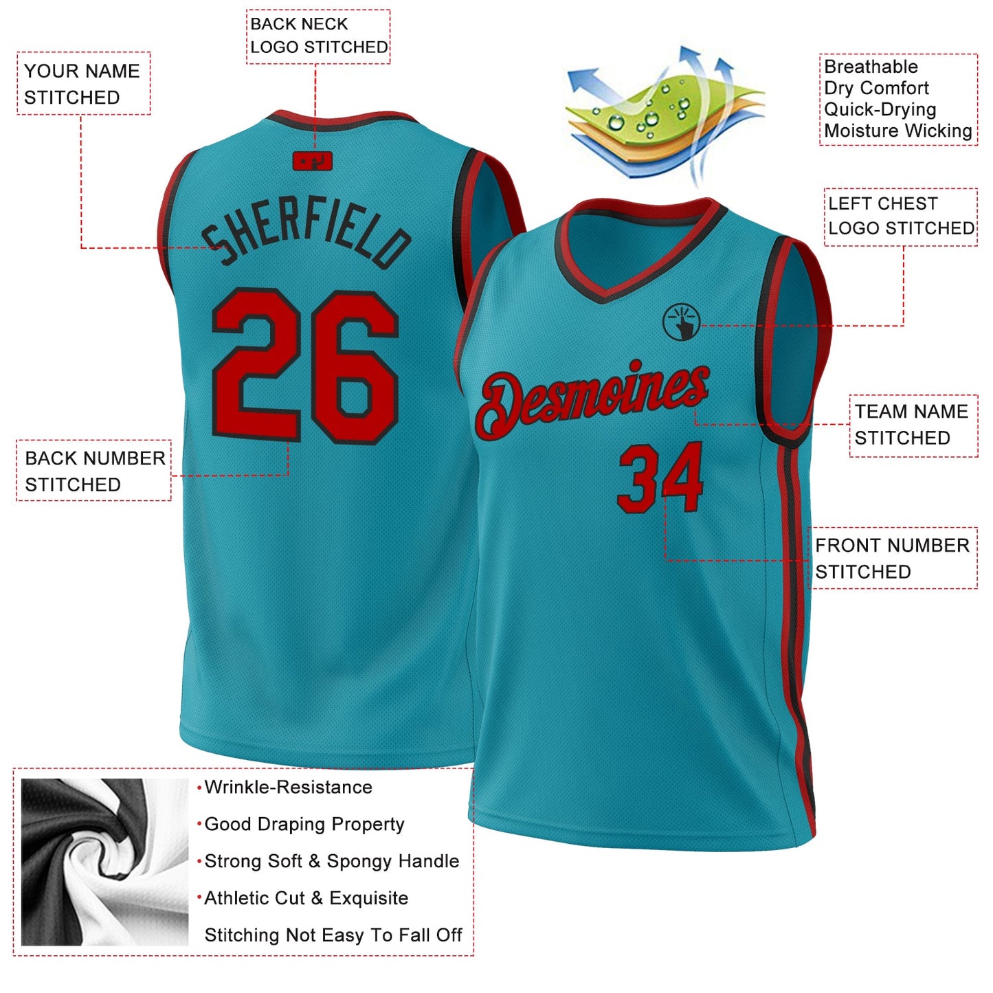 Custom Teal Red-Black Authentic Throwback Basketball Jersey - Sky-Custom