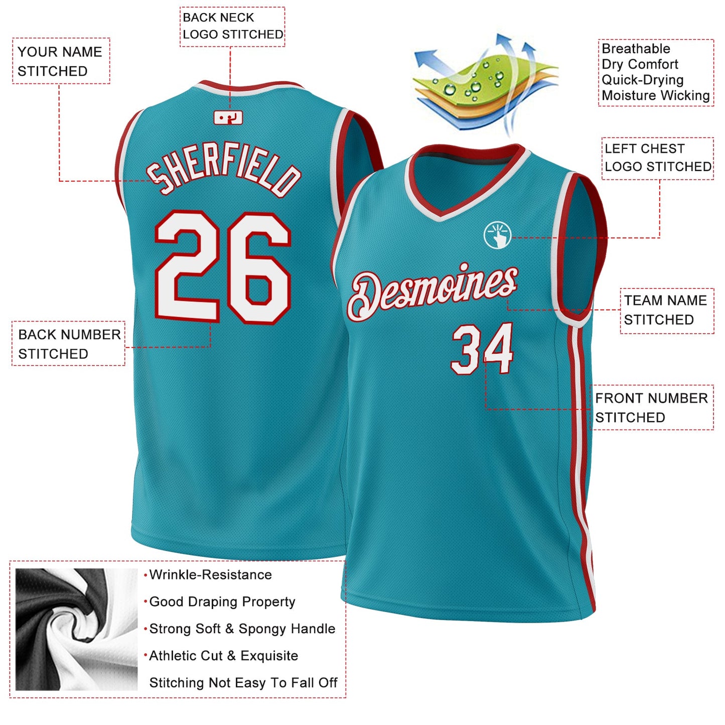 Custom Teal White-Red Authentic Throwback Basketball Jersey - Sky-Custom