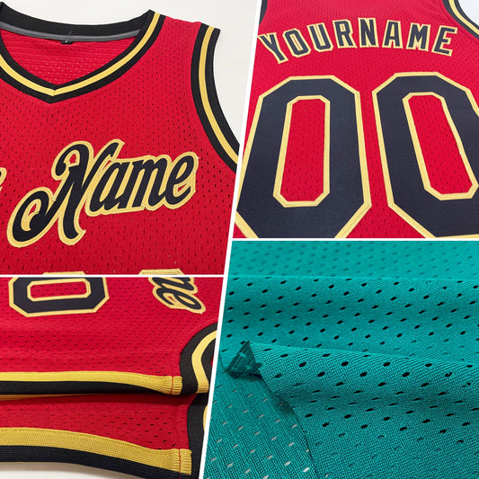 Custom Teal Black-Red Authentic Throwback Basketball Jersey - Sky-Custom
