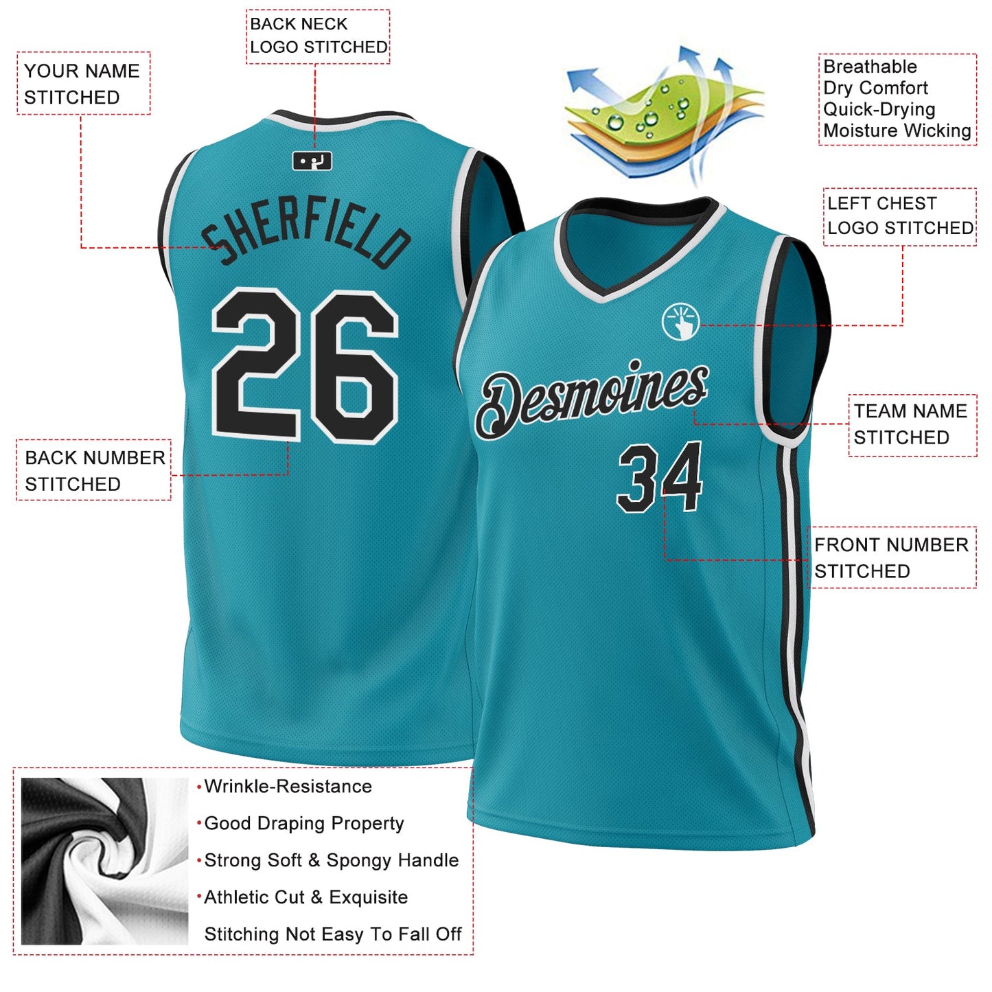 Custom Teal Black-Red Authentic Throwback Basketball Jersey - Sky-Custom