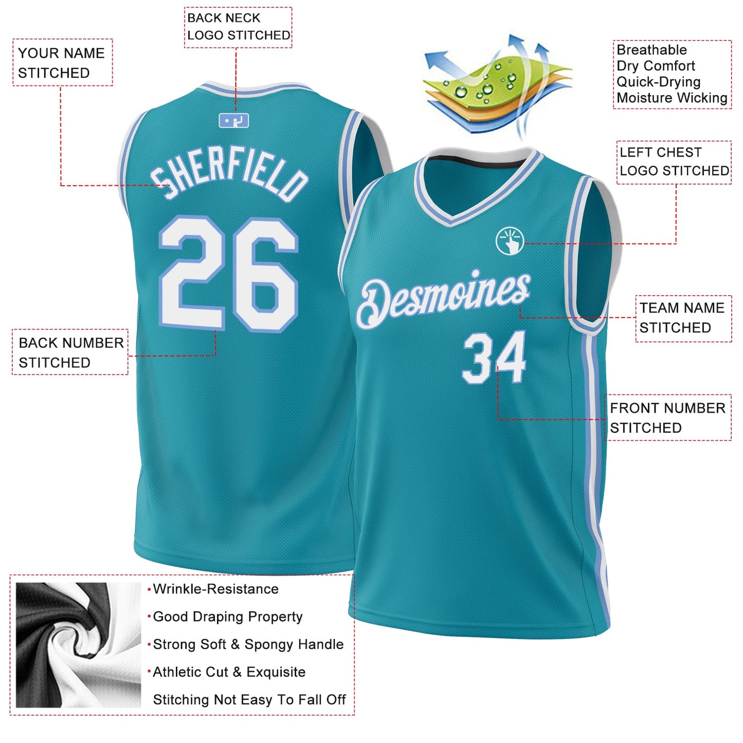 Custom Teal White-Light Blue Authentic Throwback Basketball Jersey - Sky-Custom