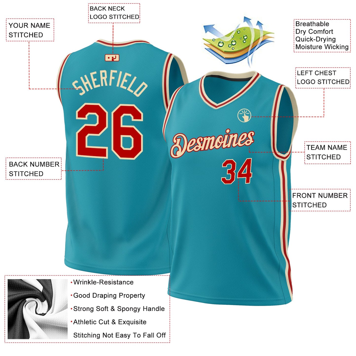 Custom Teal Red-Cream Authentic Throwback Basketball Jersey - Sky-Custom