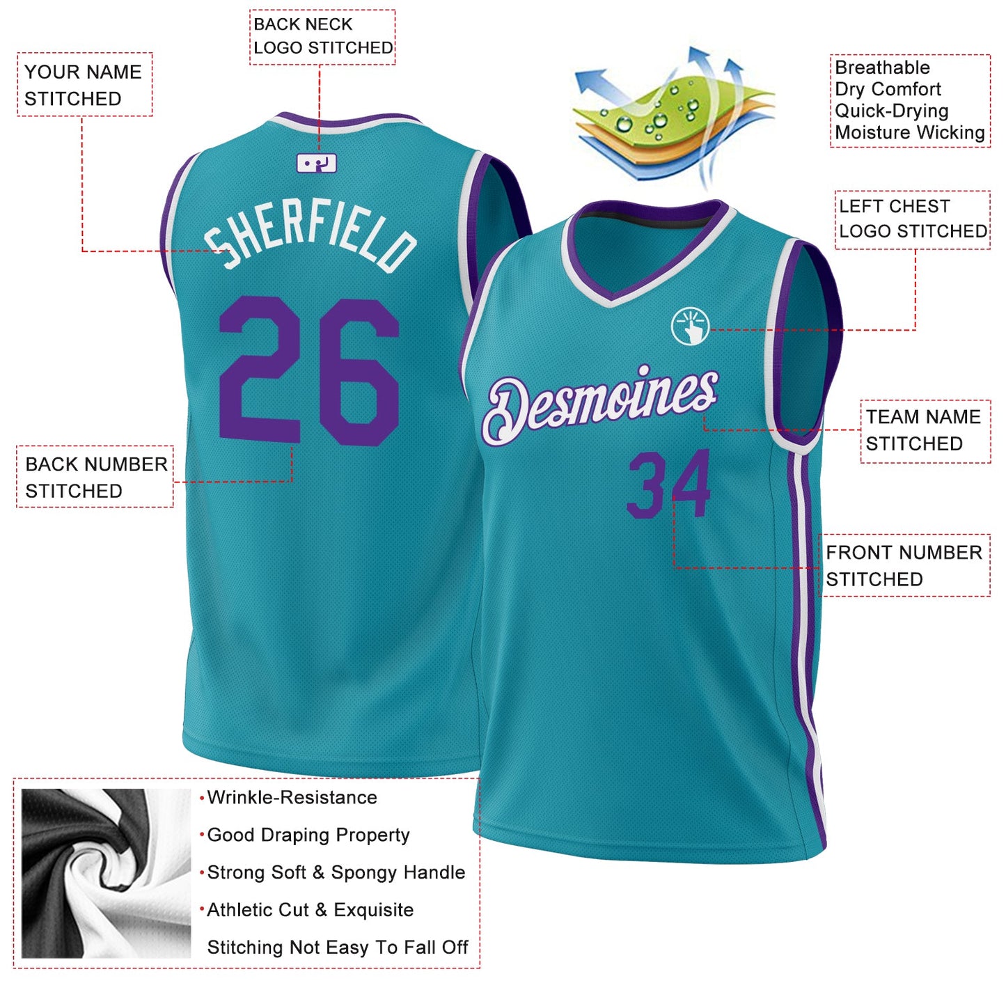 Custom Teal Purple-White Authentic Throwback Basketball Jersey - Sky-Custom