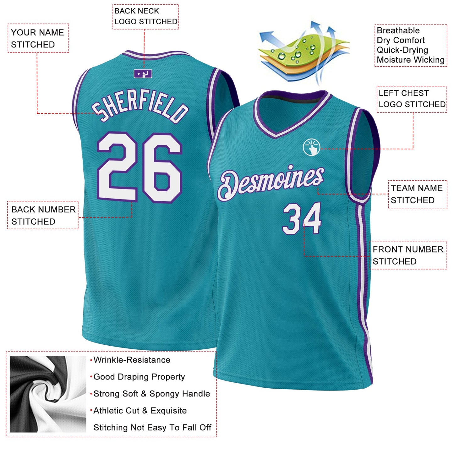 Custom Teal White-Purple Authentic Throwback Basketball Jersey - Sky-Custom