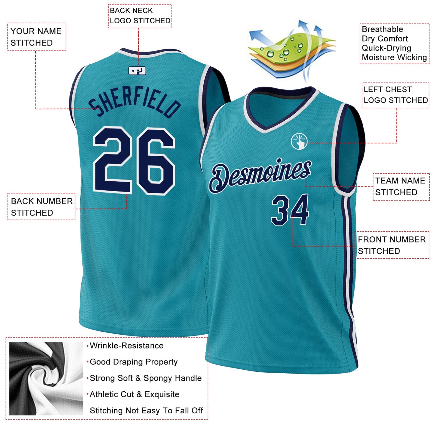 Custom Teal Navy-White Authentic Throwback Basketball Jersey - Sky-Custom