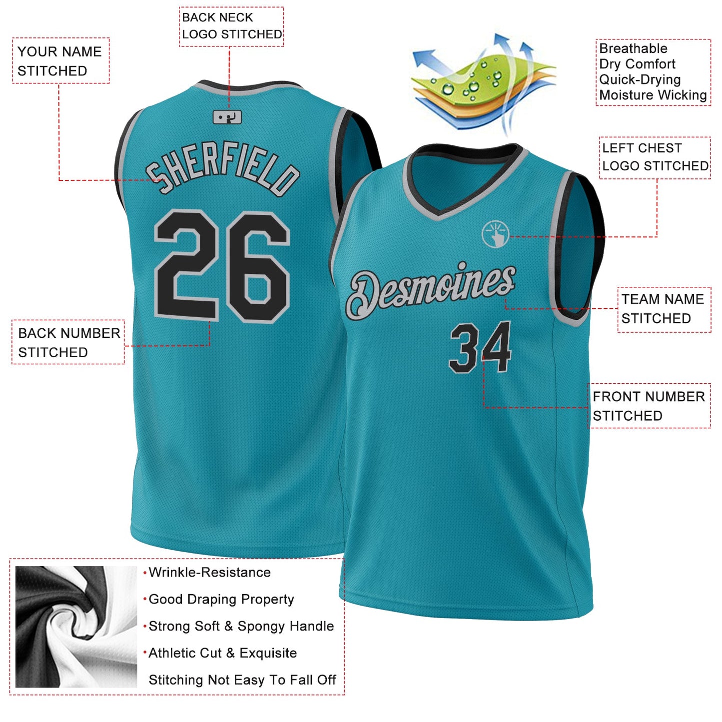 Custom Teal Black-Gray Authentic Throwback Basketball Jersey - Sky-Custom