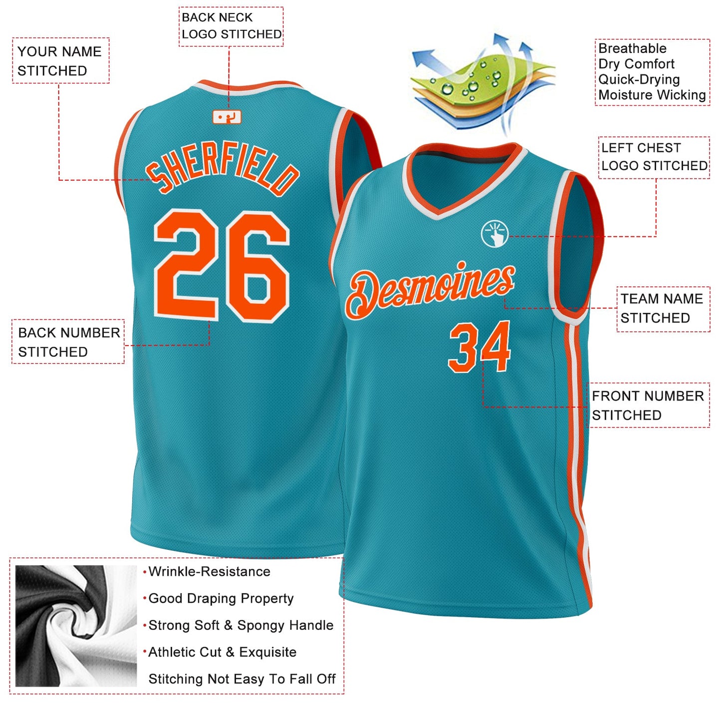 Custom Teal Orange-White Authentic Throwback Basketball Jersey - Sky-Custom