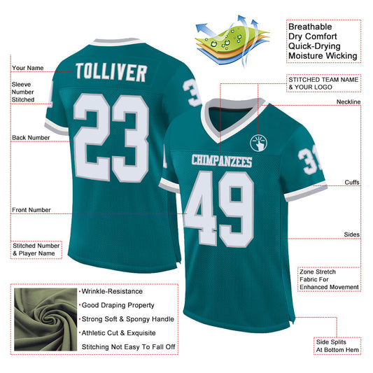 Custom Teal White-Gray Mesh Authentic Throwback Football Jersey - Sky-Custom