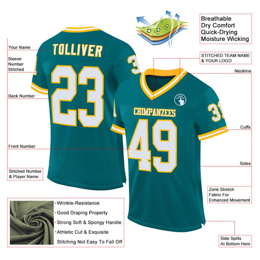 Custom Teal White-Gold Mesh Authentic Throwback Football Jersey - Sky-Custom
