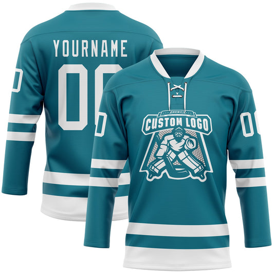 Custom Teal White Hockey Lace Neck Jersey - Sky-Custom