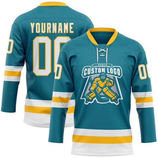 Custom Teal White-Gold Hockey Lace Neck Jersey - Sky-Custom