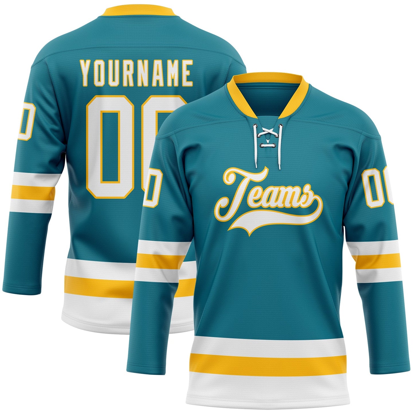 Custom Teal White-Gold Hockey Lace Neck Jersey - Sky-Custom
