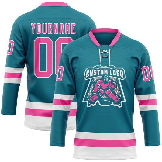 Custom Teal Pink-White Hockey Lace Neck Jersey - Sky-Custom