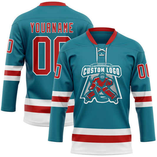 Custom Teal Red-White Hockey Lace Neck Jersey - Sky-Custom