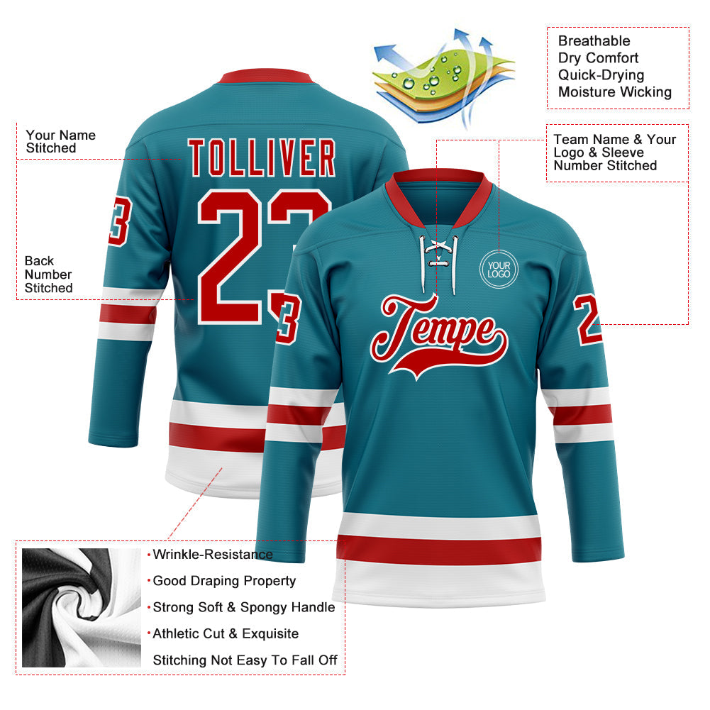 Custom Teal Red-White Hockey Lace Neck Jersey - Sky-Custom