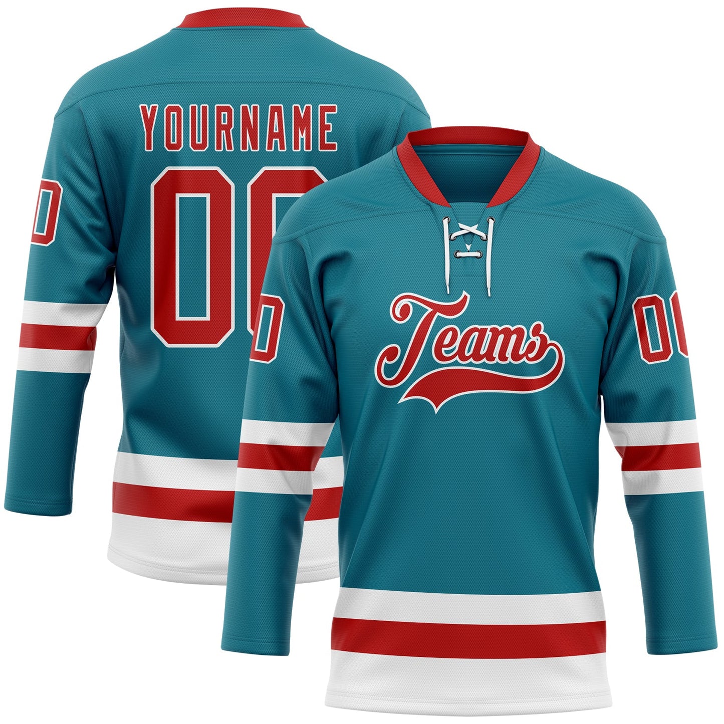Custom Teal Red-White Hockey Lace Neck Jersey - Sky-Custom