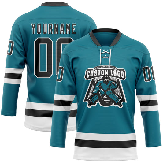 Custom Teal Black-White Hockey Lace Neck Jersey - Sky-Custom