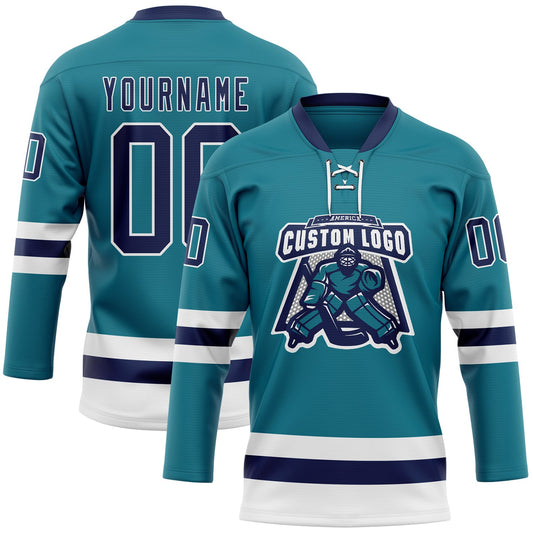 Custom Teal Navy-White Hockey Lace Neck Jersey - Sky-Custom