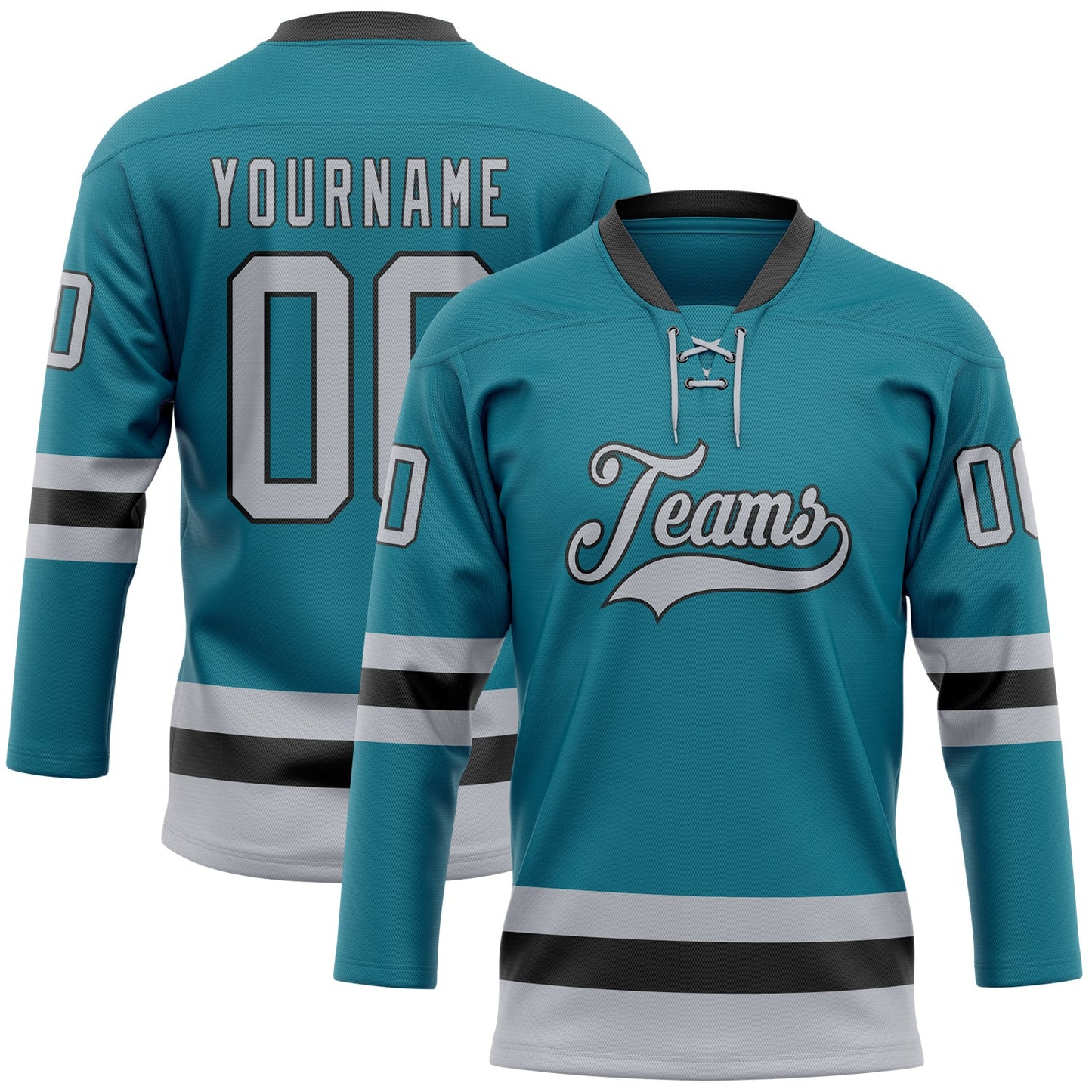 Custom Teal Gray-Black Hockey Lace Neck Jersey - Sky-Custom