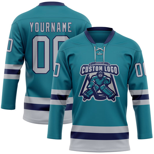 Custom Teal Gray-Navy Hockey Lace Neck Jersey - Sky-Custom