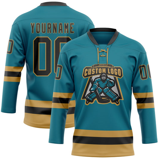Custom Teal Black-Old Gold Hockey Lace Neck Jersey - Sky-Custom