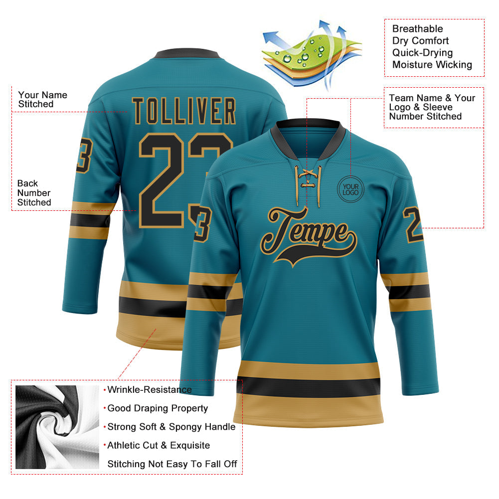 Custom Teal Black-Old Gold Hockey Lace Neck Jersey - Sky-Custom