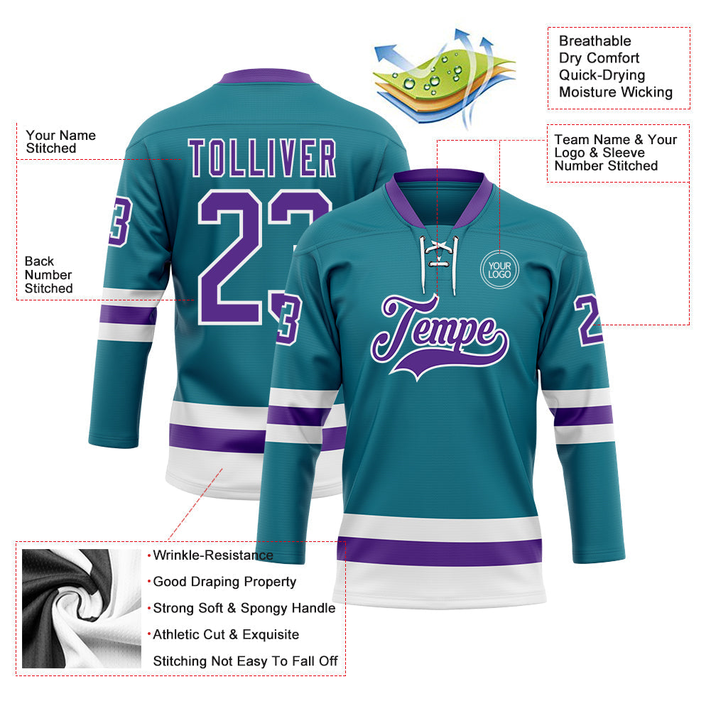 Custom Teal Purple-White Hockey Lace Neck Jersey - Sky-Custom