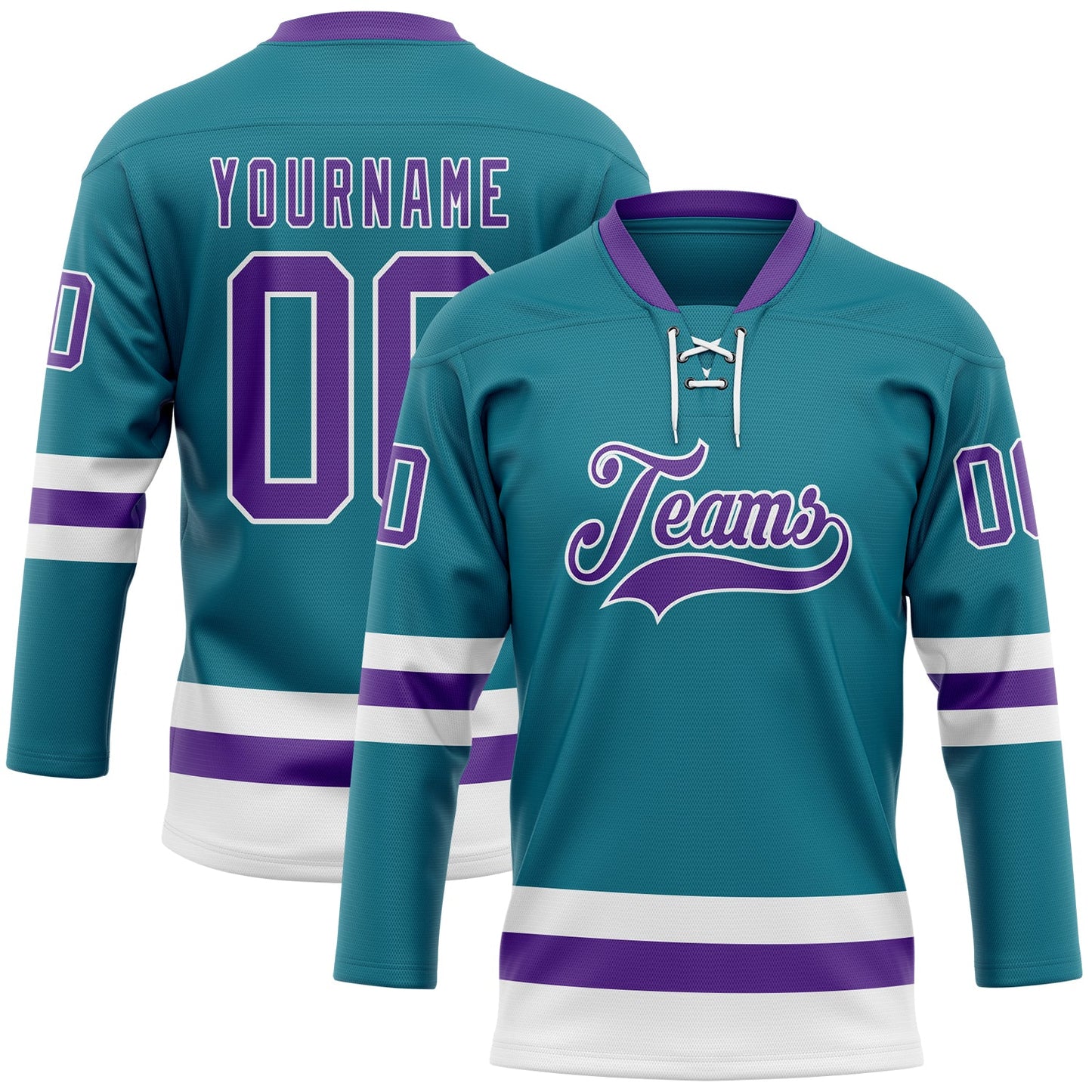 Custom Teal Purple-White Hockey Lace Neck Jersey - Sky-Custom