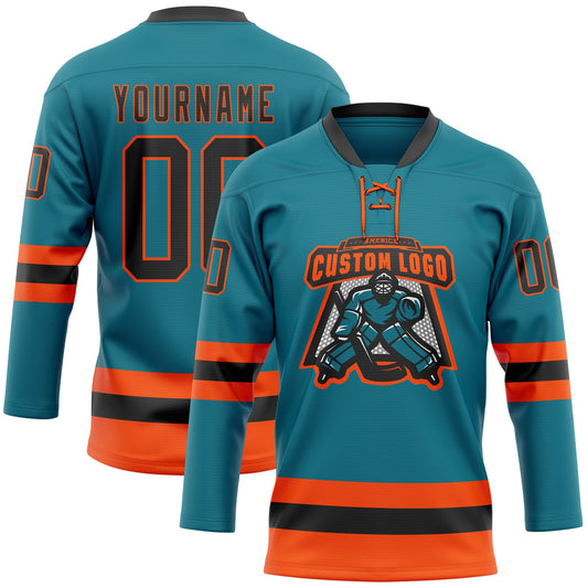 Custom Teal Black-Orange Hockey Lace Neck Jersey - Sky-Custom