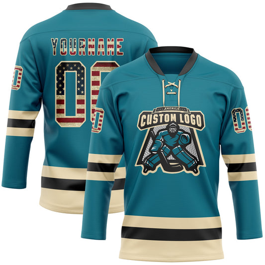 Custom Teal Vintage USA Flag Cream-Black Hockey Lace Neck Jersey - Sky-Custom