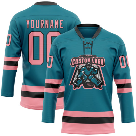 Custom Teal Medium Pink-Black Hockey Lace Neck Jersey - Sky-Custom